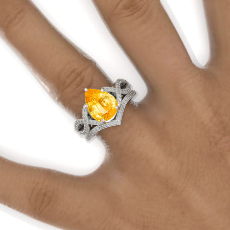 3 Carat Pear Genuine Yellow Citrine Twisted 14K White Gold Engagement Eternity Ring Set Model 970