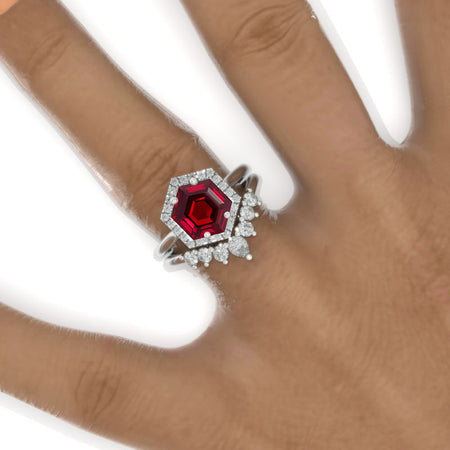 4 Carat Hexagon Ruby Halo 14K White Gold Engagement Ring, Eternity Ring Set