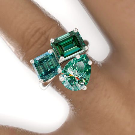 3 Carat Giliarto Emerald Cut with Pear Cut Paired with 2 Carat Asscher Cut Green Moissanite Three-Stone North-South Engagement Ring Model 762-9x7mm