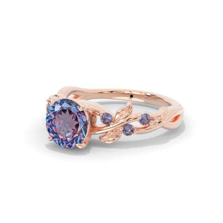 2 Carat Round Brilliant Cut Fireworks Cut Alexandrite Floral Rose Gold Engagement Ring