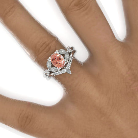 1.5 Carat Oval Peach Sapphire Cluster Halo 14K White Gold Floral Engagement Ring Set Model 835