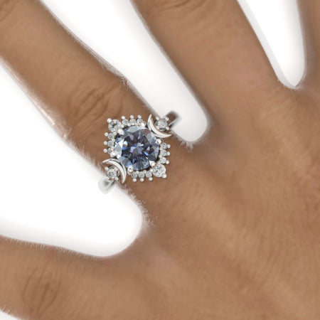 2 Carat Giliarto Gray Moissanite Moon  Halo Gold Engagement Promissory Ring