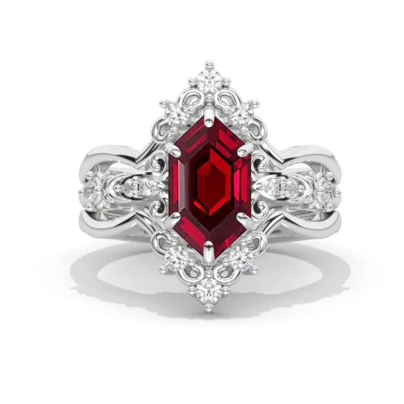 3 Carat Hexagon Moissanite Cluster Halo 14K White Gold Engagement Ring Set
