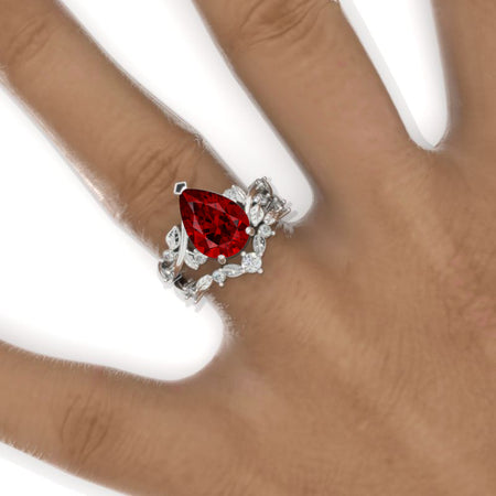 3 Carat Pear Ruby Halo Floral Engagement Ring 14K White Gold Ring Set