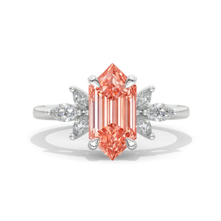 14K White Gold 3 Carat Hexagon Peach Sapphire Cluster Engagement Ring Model 866-10x6