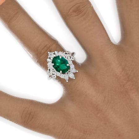 3 Carat Oval Emerald Halo Ornamental Engagement Ring Model 977-10x7