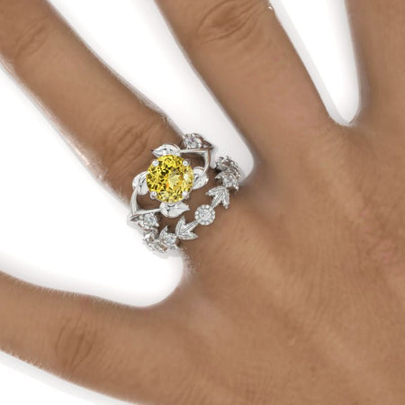 2 Carat Round Yellow Sapphire Floral Twig Engagement Ring, Eternity Ring Set Model 948