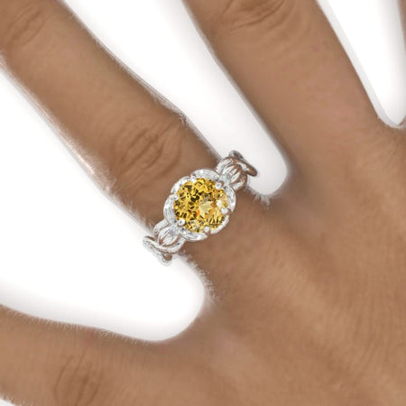 2 Carat Round Genuine Yellow Citrine Floral Twig Shank Engagement Ring Model-950