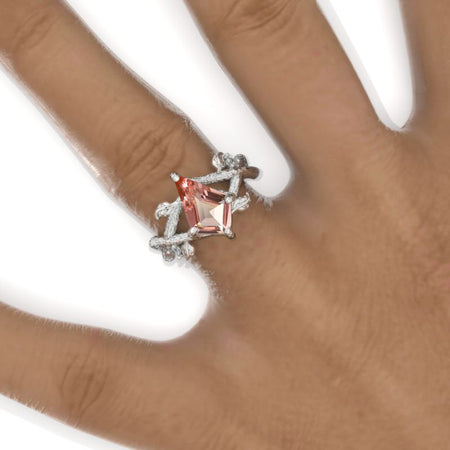2.5 Carat Kite Peach Sapphire Twig Floral 14K White Gold Engagement Ring Model 925-12x8