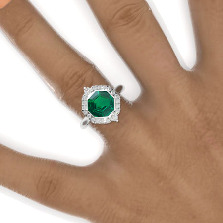 3 Carat Octagon Cut Emerald Halo 14K White Gold Engagement Ring Model 930-8