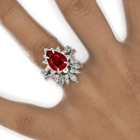 3 Carat Pear Ruby Halo Floral Engagement Ring 14K White Gold Ring Set