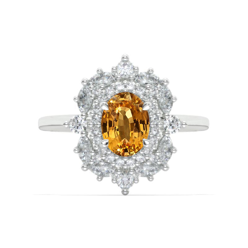 1.5 Carat Genuine Yellow Citrine Double Halo 14K White Gold Engagement Promissory Ring Model 1000-8x6
