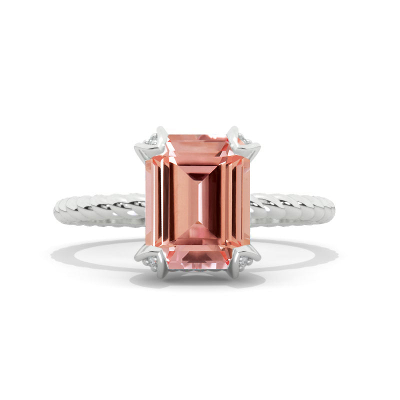 3Ct Emerald Shaped Step Cut Peach Sapphire Gold Engagement Rope Shank Ring Model 710-9x7mm