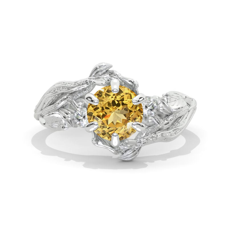 7mm Round Genuine Yellow Citrine Floral Twig Style Engagement Ring Model 992-7