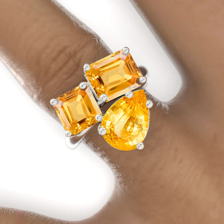 3 Carat Emerald Cut with Pear Cut Paired with 2 Carat Asscher Cut Genuine Yellow Citrine Three-Stone North-South Engagement Ring Model 762-9x7mm