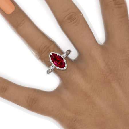 2 Carat Marquise 14K Solid Gold Ring 12x6mm Marquise Ruby Floral  Ring. Engagement Ring