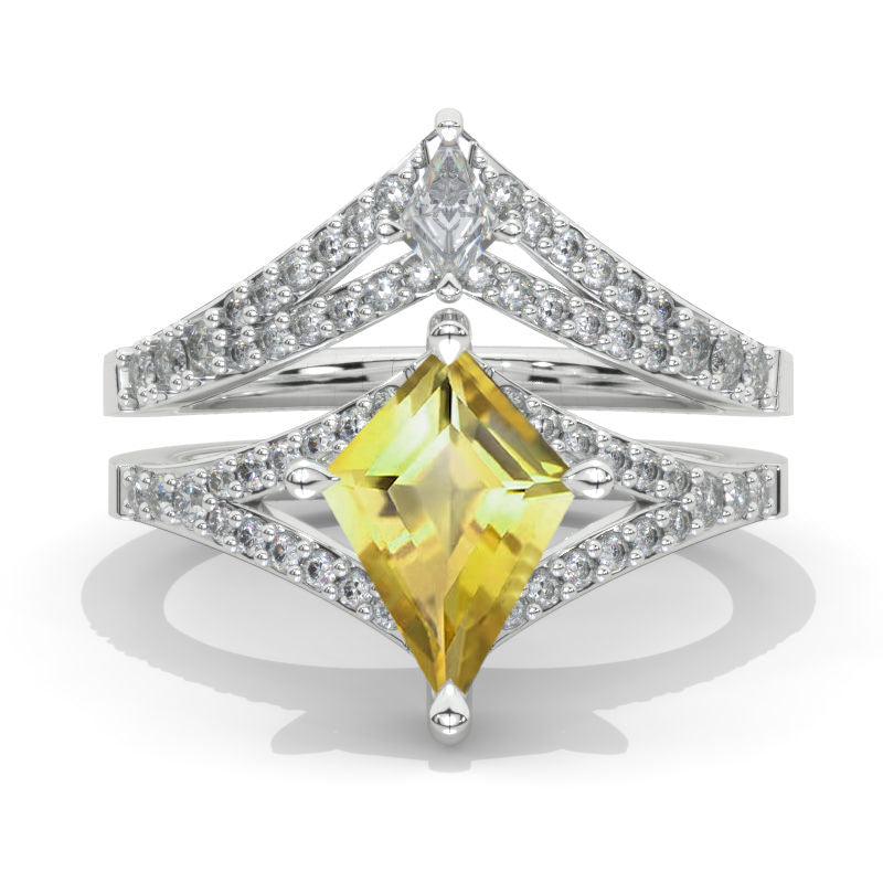 3 Carat Kite Genuine Yellow Citrine Halo 14K White Gold Engagement Ring, V Eternity Ring Set