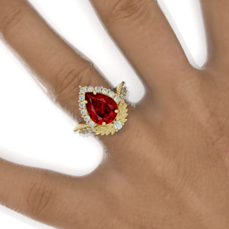 3 Carat Pear Ruby Halo Floral Engagement Ring 14K White Gold Ring