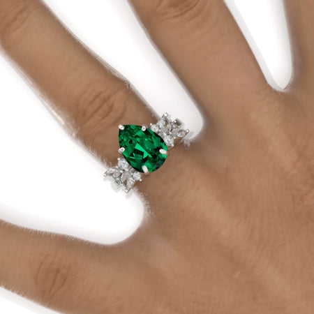 3 Carat Pear Emerald Cluster 14K White Gold Engagement Eternity Ring