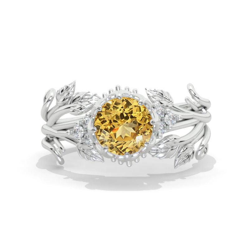 Round Genuine Yellow Citrine Floral Leaves Style Engagement Ring Model 994-7