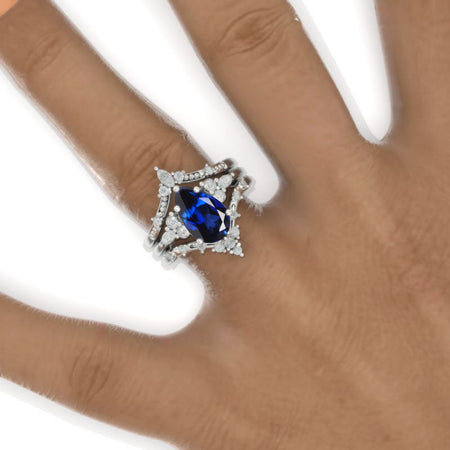 3 Carat Pear Royal Blue Sapphire Floral Engagement 14K White Gold  Ring Eternity Ring Set Model 883-11x7