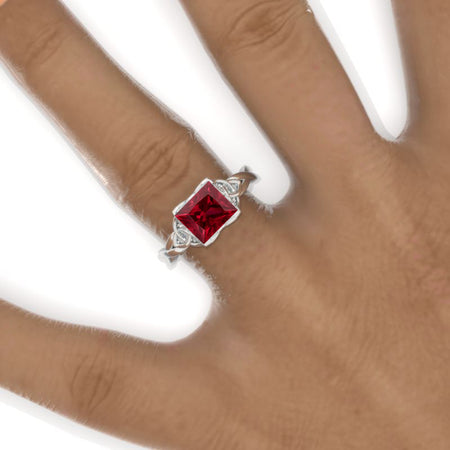 2 Carat Princess Ruby Celtic Engagement Ring 14K White Gold Ring