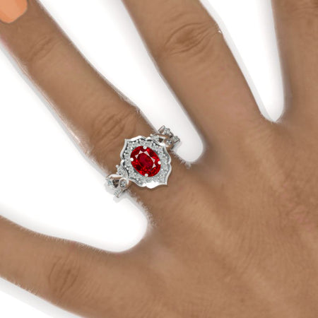 Vintage Oval Shaped Ruby Engagement Ring 14K White Gold Flower Rose Gold Ring Set for Women. Vintage Oval Halo Gold Ring Set