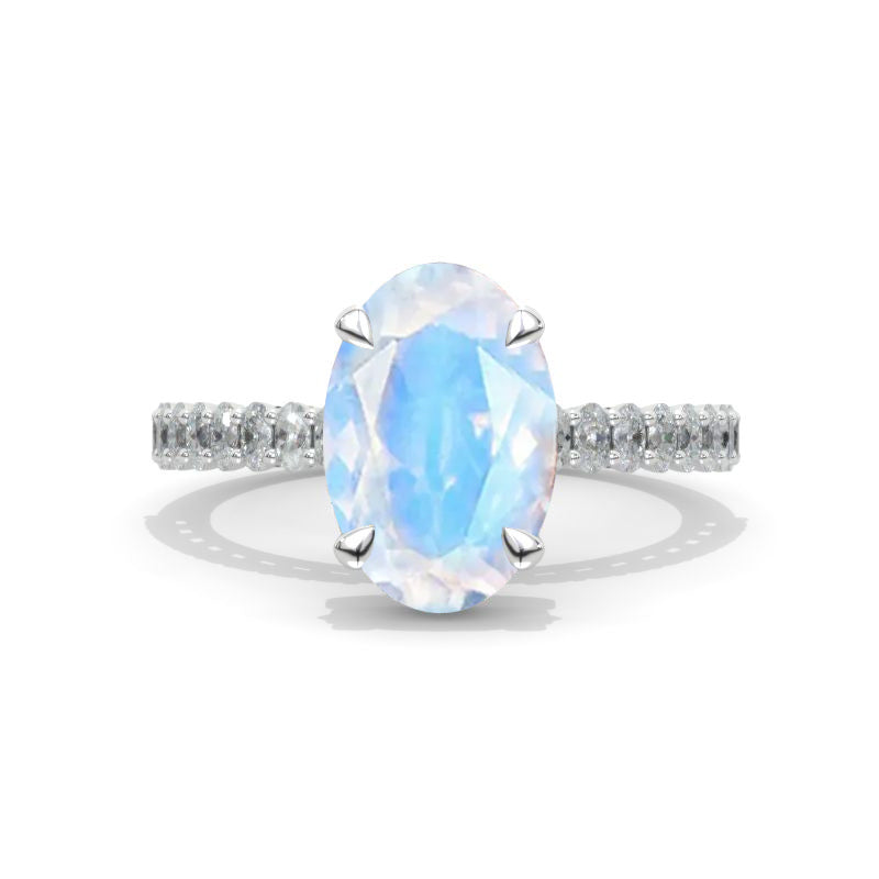 5 Carat Oval Cut Genuine Natural Moonstone Hidden Halo White Gold Engagement Ring