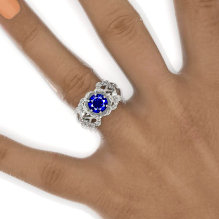 7mm Round Royal Blue Sapphire Floral Leaves Style Engagement Ring Model 993-7