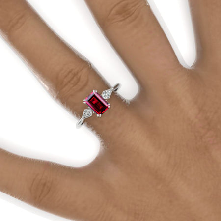 14K White Gold 1.5 Carat Emerald Cut Ruby Cluster  Engagement Ring