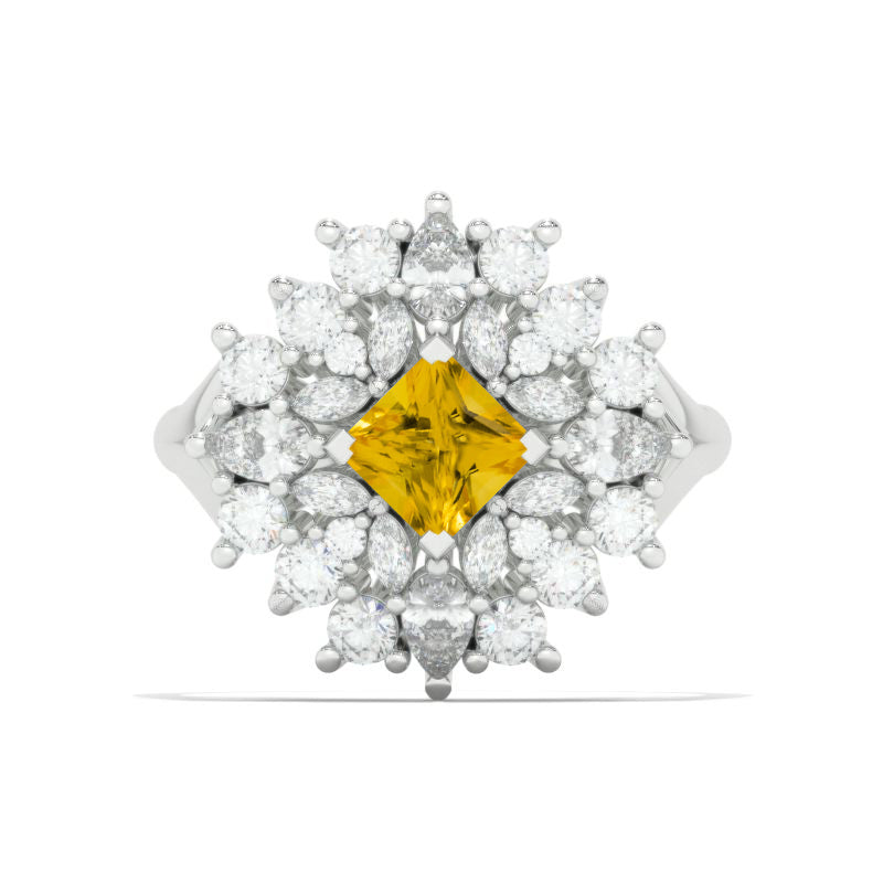 3 CTW Genuine Yellow Citrine Cluster Halo Engagement Ring Vintage Anniversary Gold Ring Model 1132