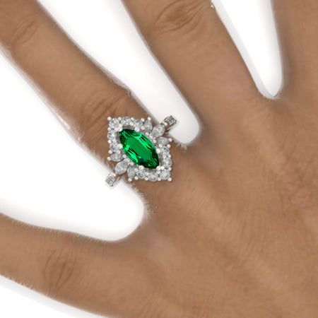 2 Carat Marquise 14K Solid Gold Ring  Marquise Emerald Halo Vintage Wedding Ring. Engagement Ring Anniversary Ring, Baguette Side Stones Ring Model 809