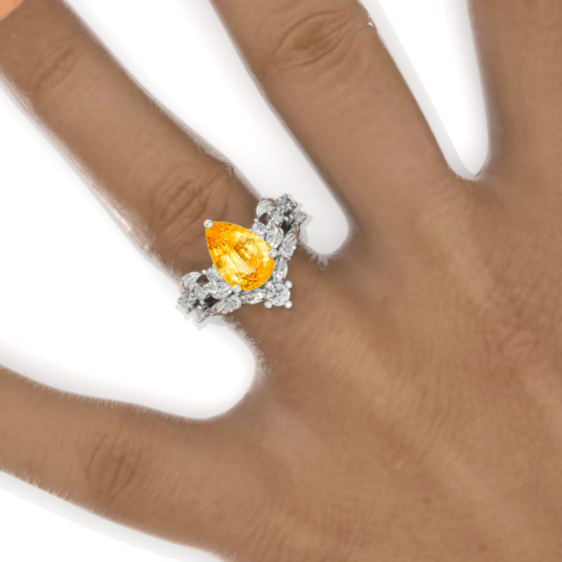 3 Carat Pear Halo Genuine Yellow Citrine Floral Engagement 14K White Gold  Ring Eternity Ring Set Model 882-11x7