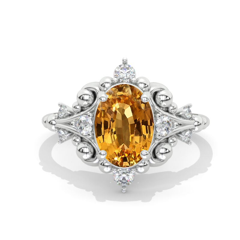 3 CT Oval Halo Genuine Yellow Citrine Vintage Wedding Ring. 14K White Gold Engagement Ring Anniversary Ring, Baguette Double Halo Ring Model 997-10x7