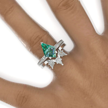 3 Carat Kite Green Moissanite Engagement Ring. 3CT Fancy Shape Green Moissanite Ring Set Model 736-12x8