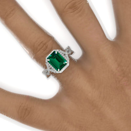 3 Carat Emerald Halo Emerald Twisted Shank  White Gold Engagement Ring