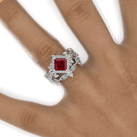 1 Carat Princess Cut Ruby Halo Floral Twig Ornamental Engagement 14K White Gold Ring Eternity Ring Set