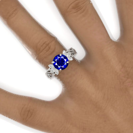 2 Carat Round Royal Blue Sapphire Floral Lace  Shank Engagement Ring