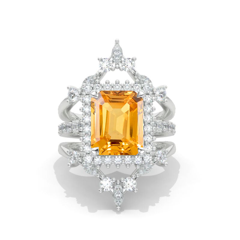11x9mm Vintage Style Nicely Crafted Halo Radiant Cut Genuine Yellow Citrine White Gold Engagement Ring Model 548-11-9
