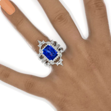 11x9mm Vintage Style Nicely Crafted Halo Radiant Cut Royal Blue Sapphire White Gold Engagement Ring Model 548-11-9