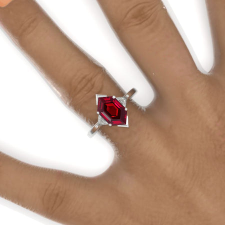 3 Carat Hexagon Ruby Halo 14K White Gold Engagement Ring