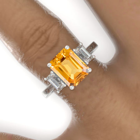 3 Carat Emerald Cut Genuine Yellow Citrine Three-Stone  Engagement Ring Model 702-9x7mm
