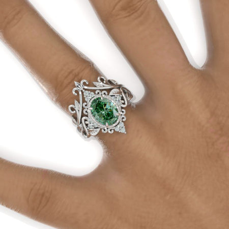 14K White Gold 2 Carat Oval Green Moissanite Engagement Ring Unique Floral Ring Set Model 1185