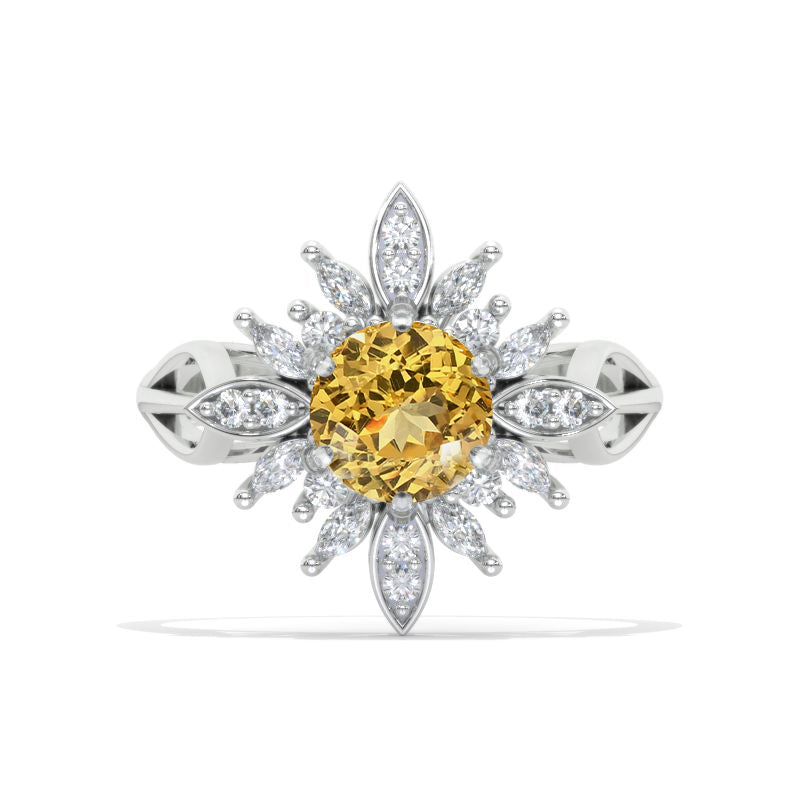 2 Carat Round Genuine Yellow Citrine Snowflake Halo Engagement Ring Model 1130