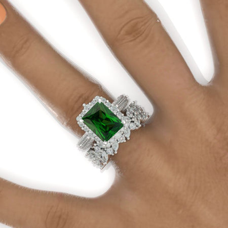 5 Carat Emerald Engagement Ring Halo Radiant Cut Emerald Engagement Ring, 11x9mm Radiant Cut Emerald Engagement Ring with Eternity Band Model 572-11x9