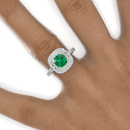 1 Carat Cushion Cut Vintage Style Double Halo Unique Emerald White Gold Engagement Ring Model 823-6x6