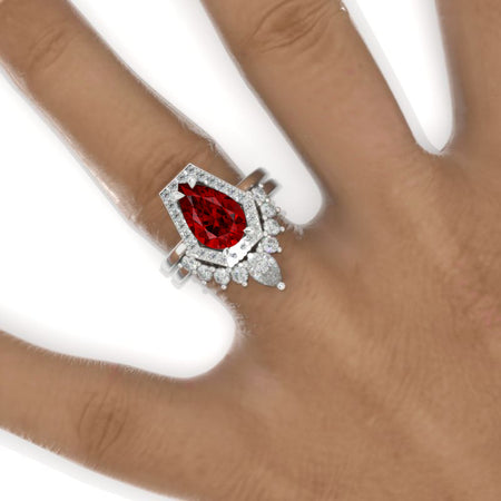 3 Carat Pearac Ruby Halo Engagement Ring. Eternity Ring Set