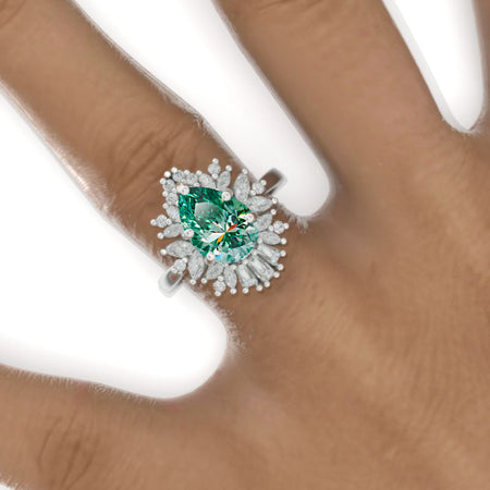 3 Carat Pear Cut Green Moissanite Halo Gold Engagement Ring Model 832-11x7