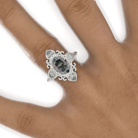 3 CT Oval Halo Gray Moissanite Vintage Wedding Ring. 14K Solid Gold Engagement Ring Anniversary Ring, Heart  Halo Ring