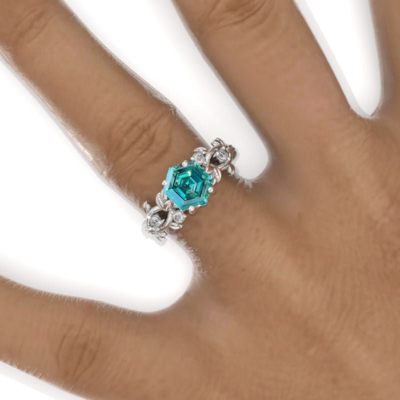 3 Carat Hexagon Green Moissanite Floral 14K White Gold Engagement Ring Model 920-8x7